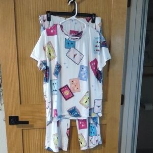Womens XL 16-18 Pajama Set White Tarot Card Print Short Sleeve Soft Fabric